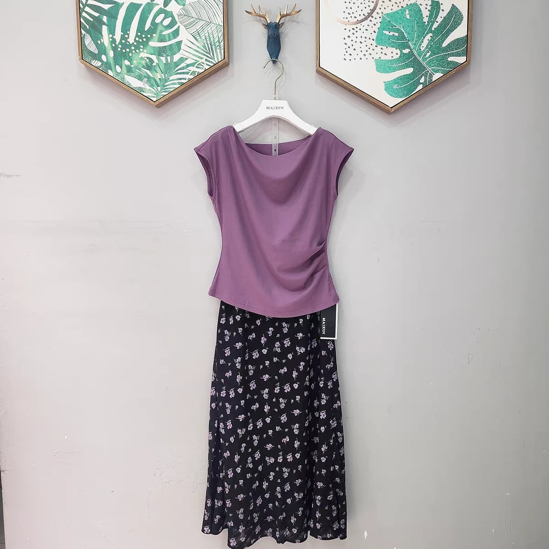 轻熟风一字肩褶皱短袖T恤搭配高腰碎花半身裙夏季女装