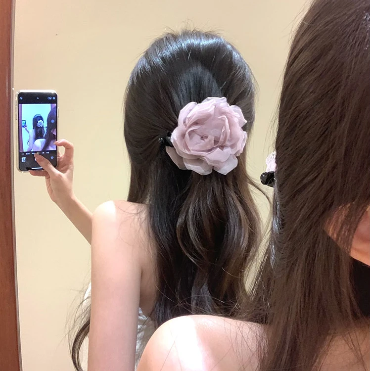 杏好遇见~温柔山茶花发夹仙气后脑勺半扎盘发香蕉夹新款原创发饰