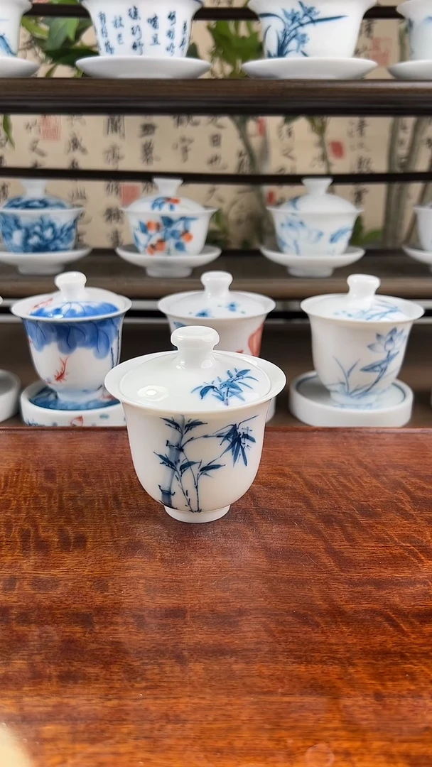 微瑕竹子美人备盖碗