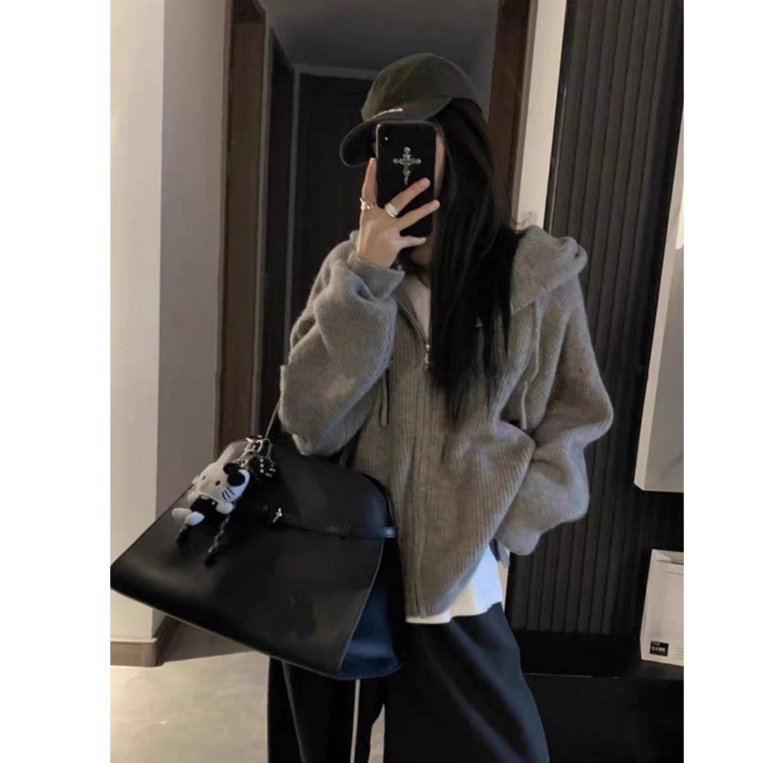 韩系连帽拉链毛衣女秋冬2025新款内搭慵懒高级感针织开衫卫衣外套