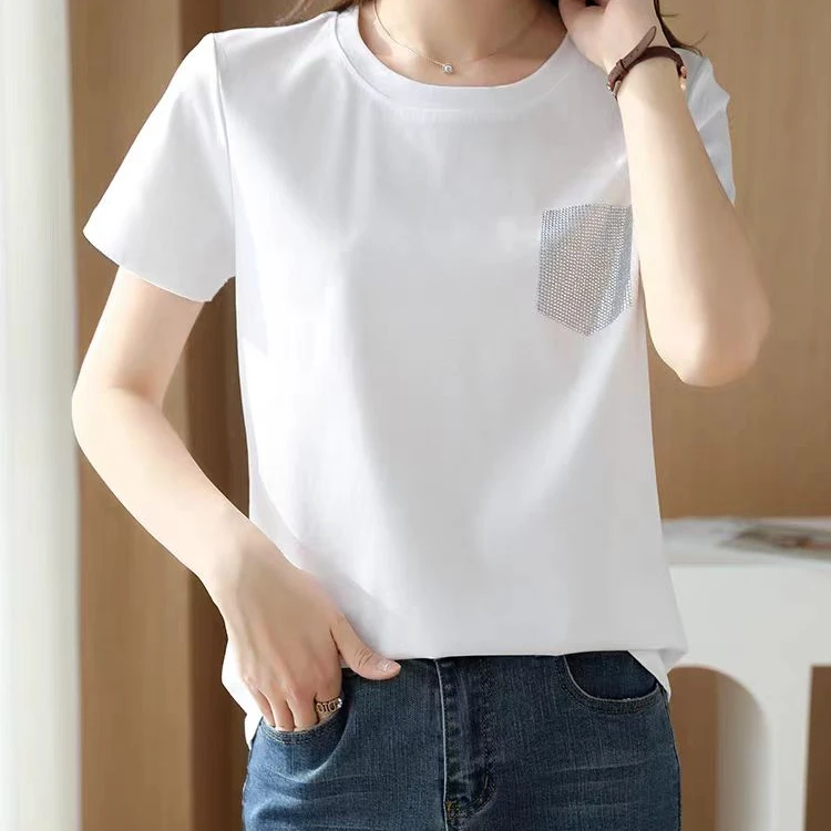 莱赛尔丝光棉夏季烫钻夏丝滑缎面冰凉感百搭圆领显瘦宽松时尚T恤