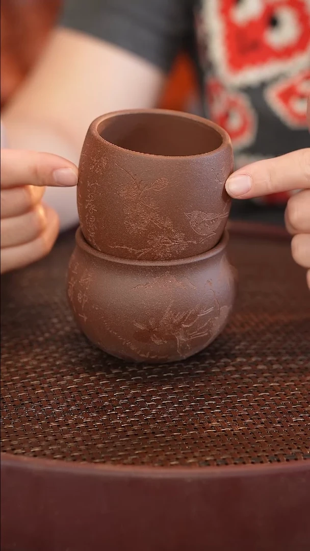 茶壶紫砂原矿手工制作两个杯子雕刻随机