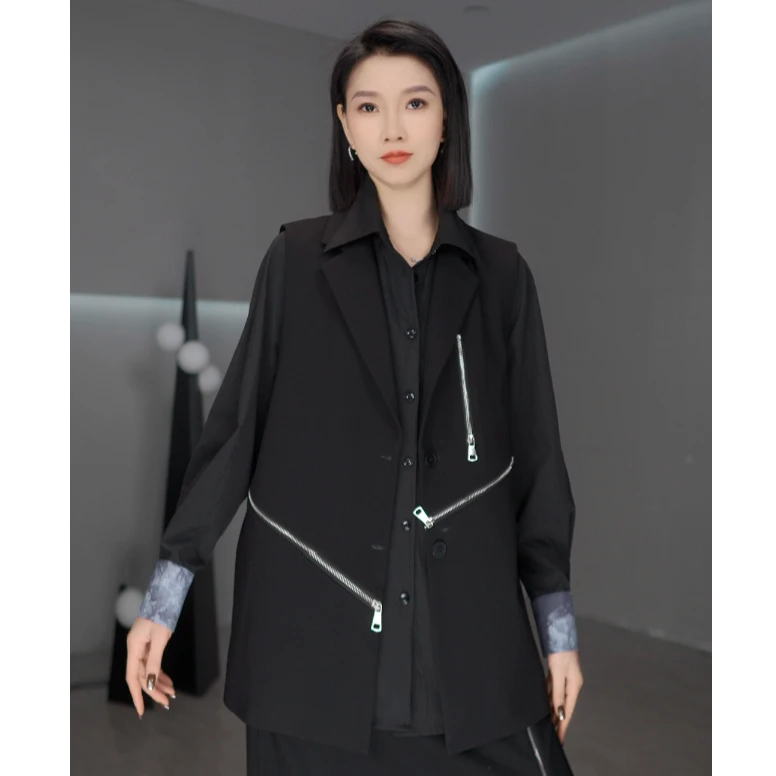 鑫鑫原创2025春季新款小众拉链设计百搭黑色气质拉链西装马甲2007