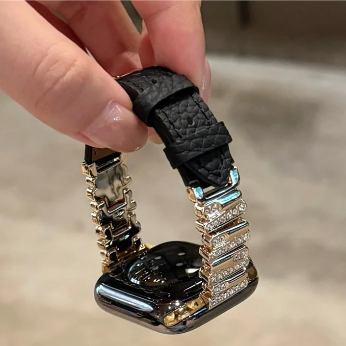 适用applewatchs11/10表带iwatch8苹果手表不规则镶钻拼皮表带女