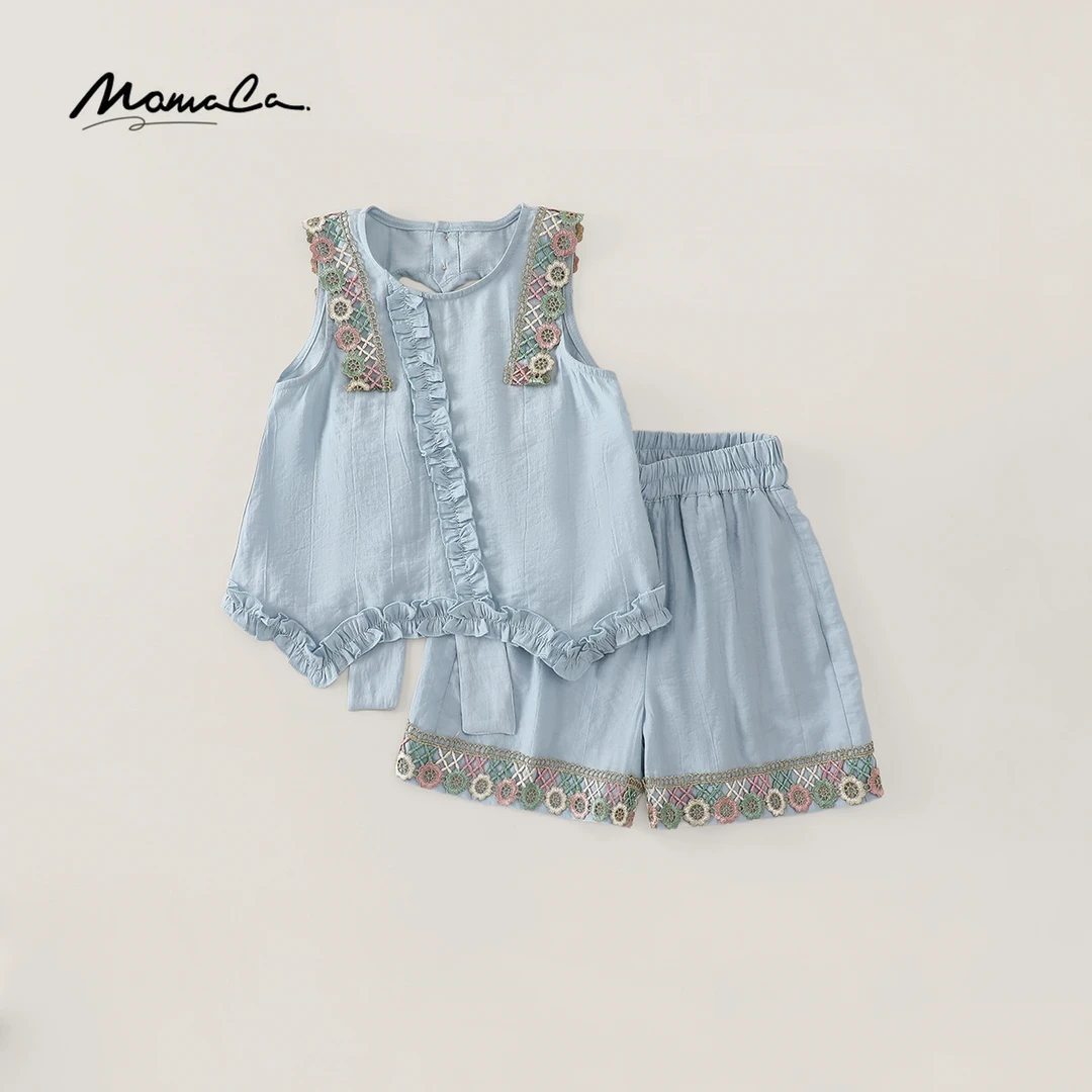 女童夏季薄款套装洋气后背蝴蝶结背心绣花短裤两件套