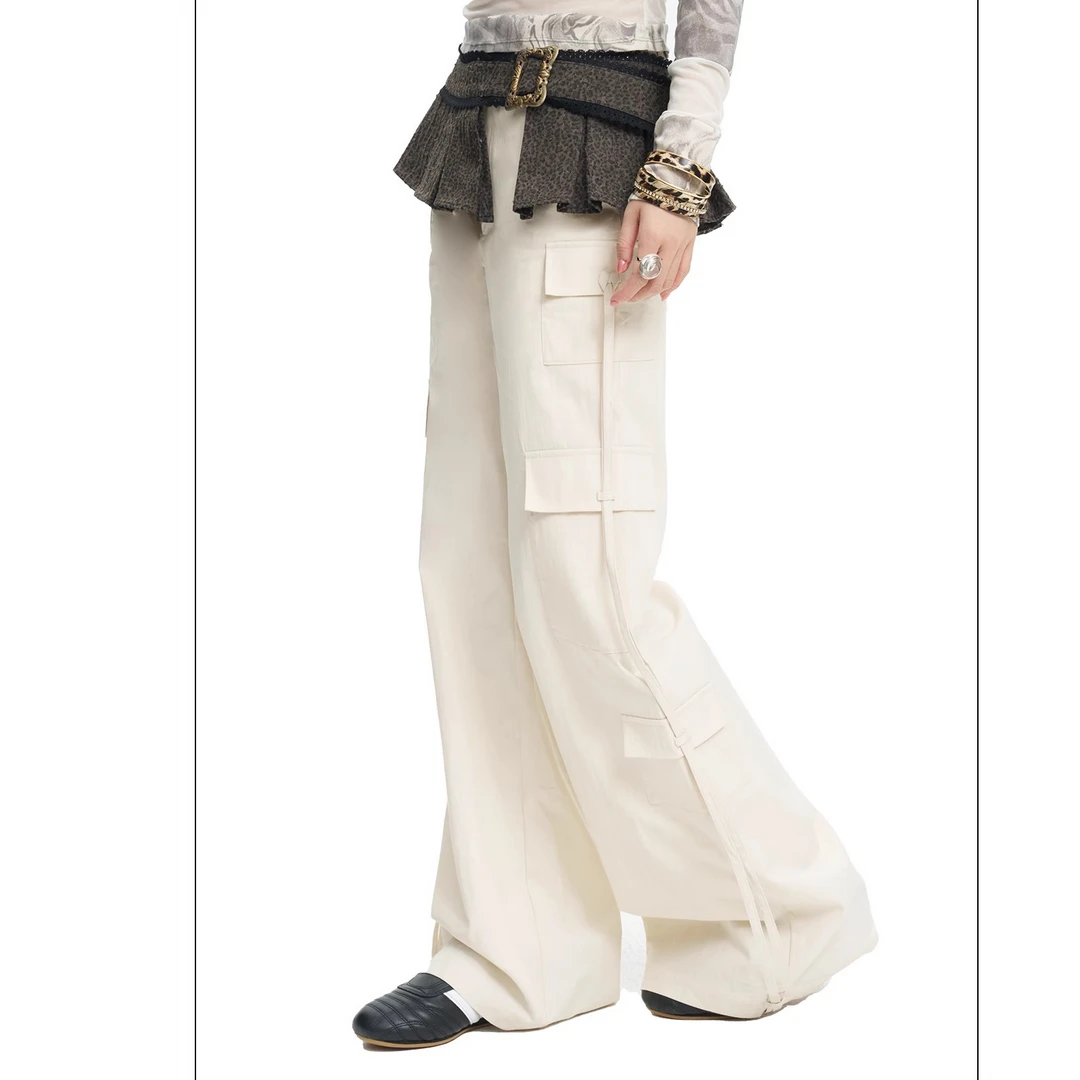 Next Passport 白色侧面多口袋穿绳工装直筒裤