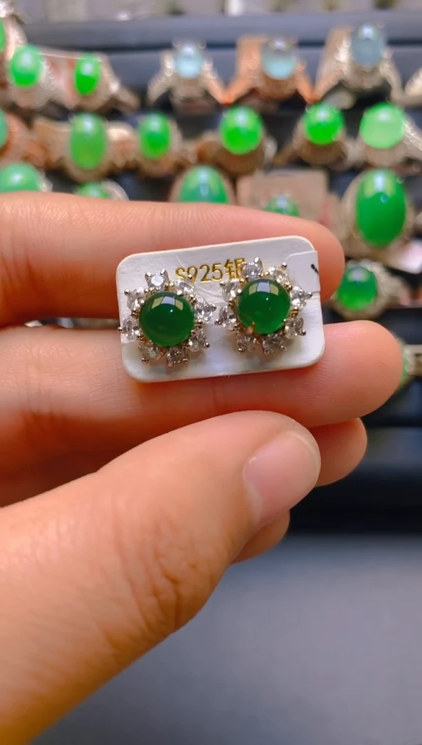 【闪购商品】翡翠耳饰银S925镶嵌天然A货翡翠1