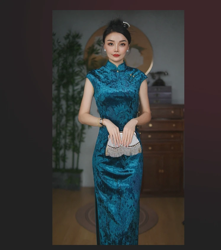 新款蓝色无袖日常旗袍夏季无袖提花斜襟旗袍修身中国风复古显瘦