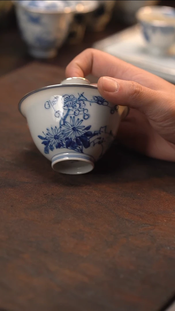 竹菊梅盖碗三包银口1