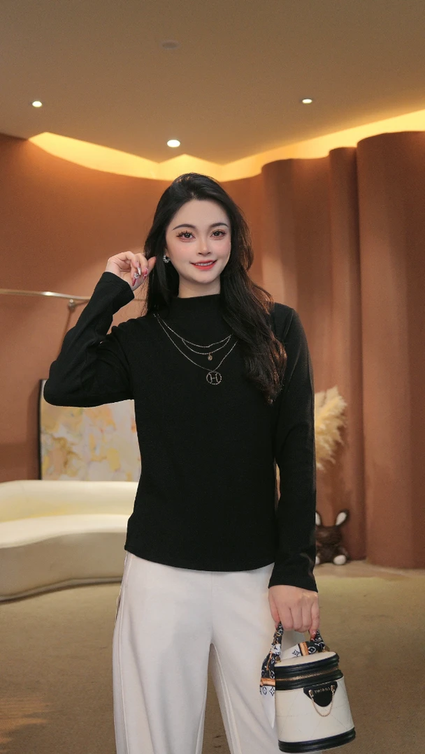 特丽绒烫钻立领常规套头款长袖毛针织衫时尚休闲黑色秋冬9603