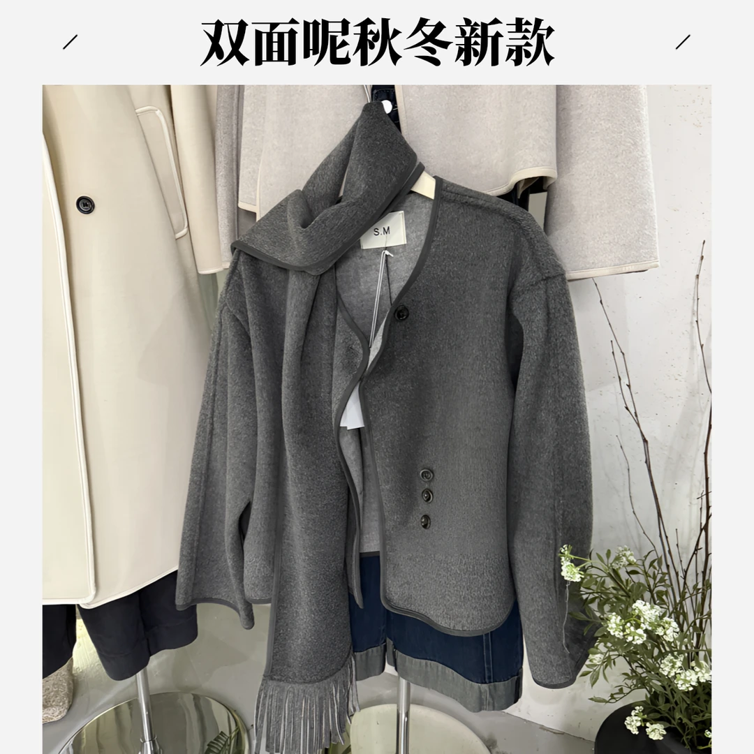 十三行2025秋冬新款配围巾双面呢短款大衣新款时尚洋气百搭女装