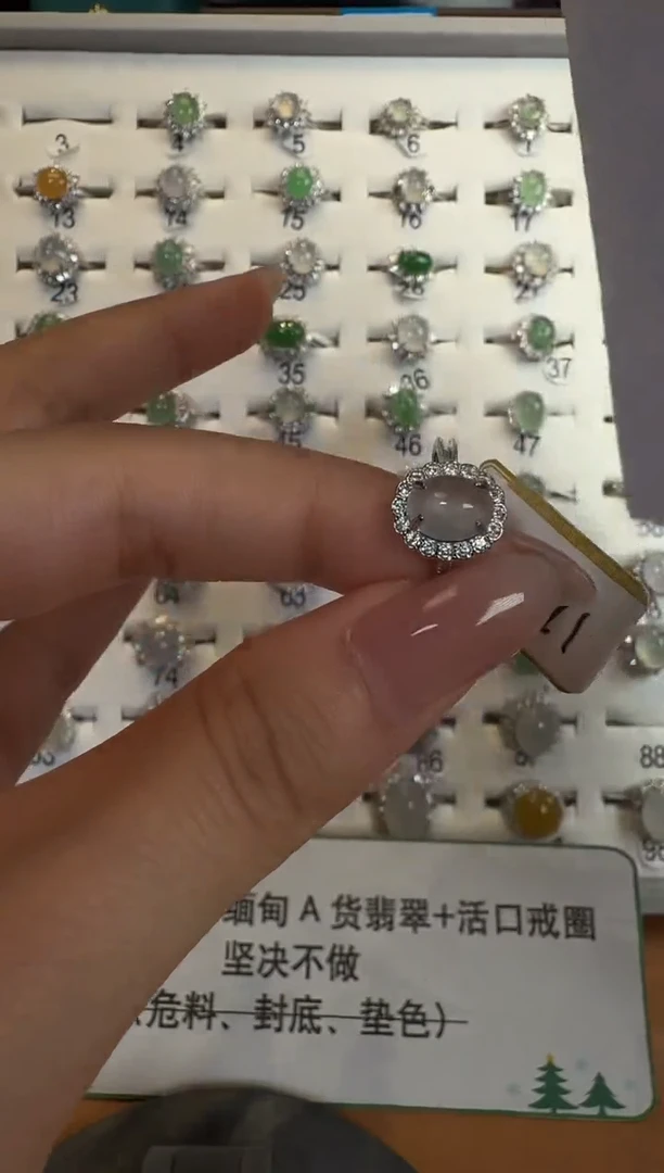 银S925镶嵌戒指翡翠通体925银镶缅甸A货翡翠戒指067