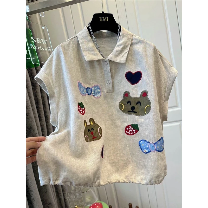 港式复古300斤大码卡通刺绣无袖POLO衫夏季男女慵懒潮牌坎肩背心