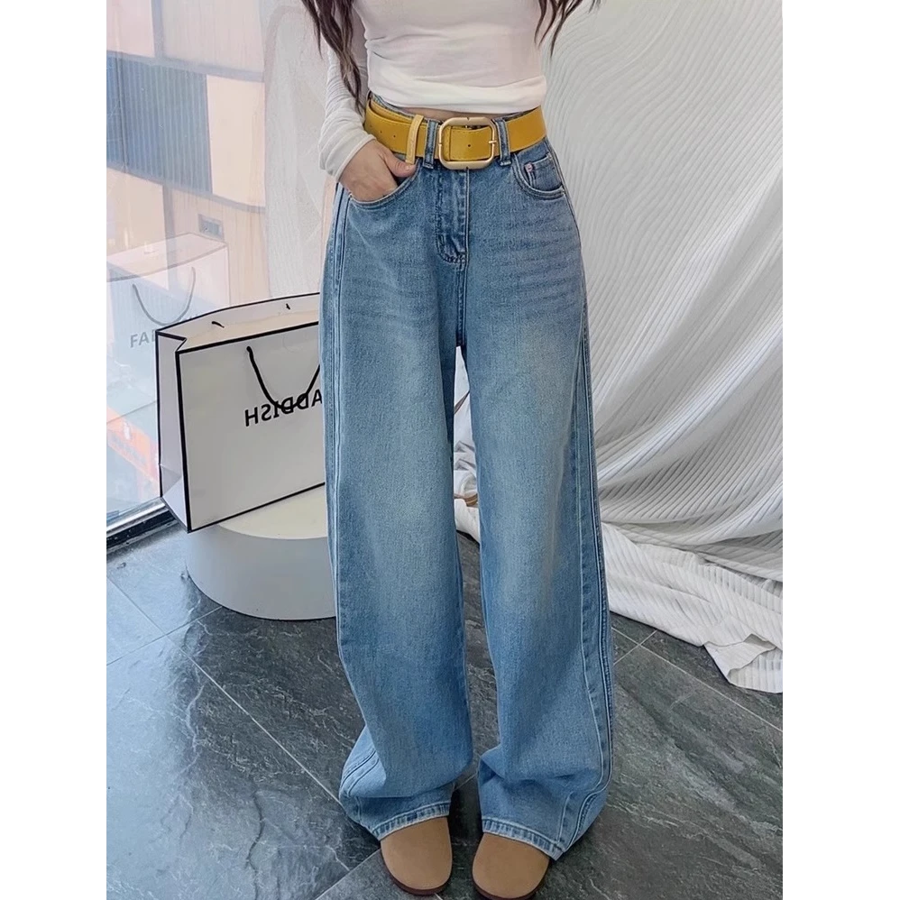 蓝色休闲高腰直筒牛仔裤2025女款夏季薄款显瘦大码胖mm宽松阔腿裤