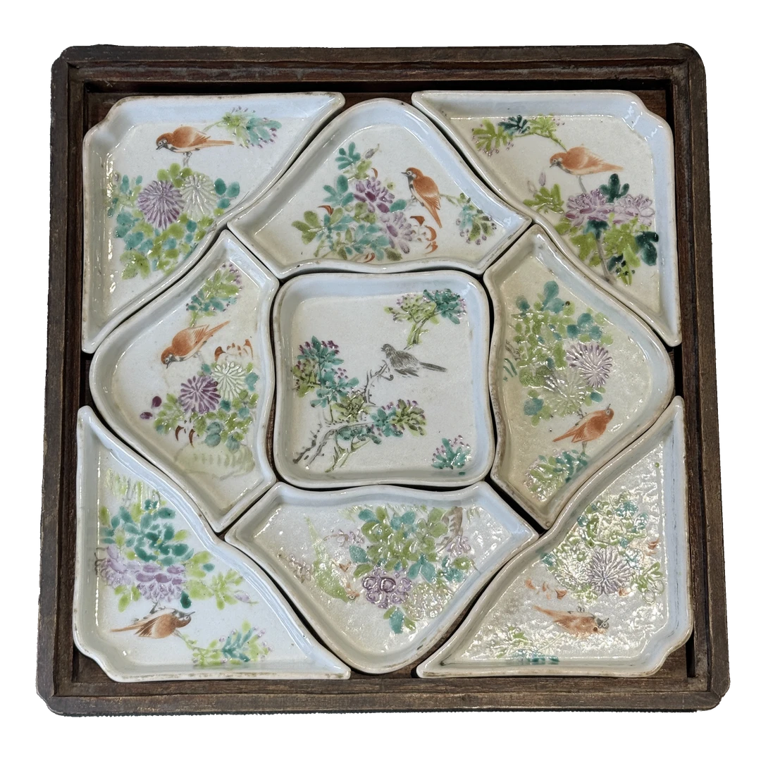 25068515t浅绛彩花鸟拼盘一套