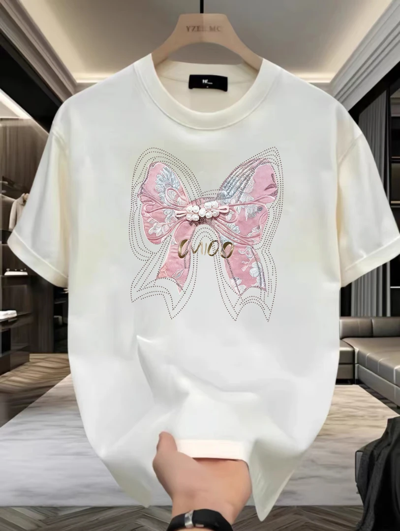 夏季印花潮流春夏卡通圆领设计感短袖-珍珠蝴蝶结