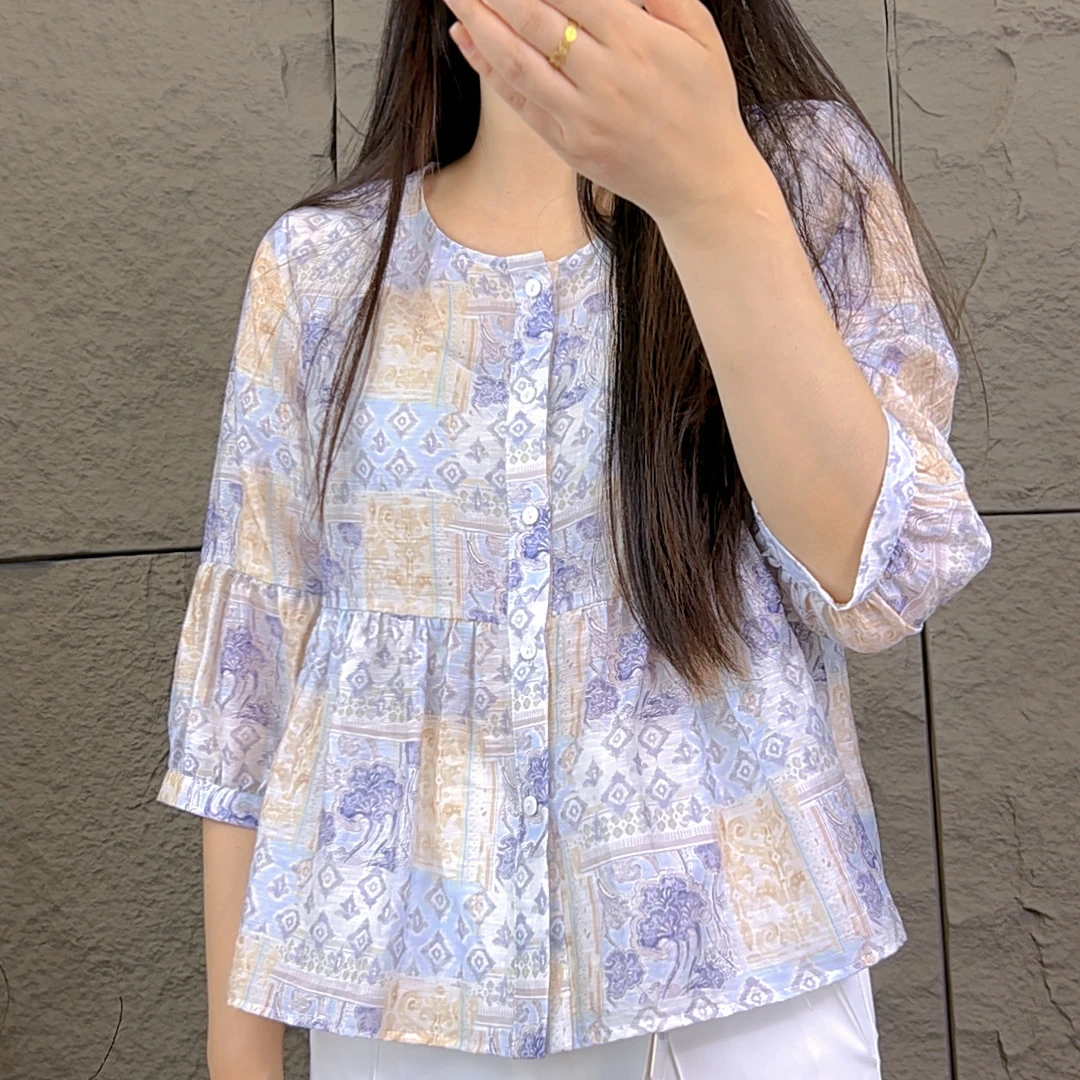 如姐-CS1267复古碎花短袖圆领娃娃衫女夏季减龄百搭上衣