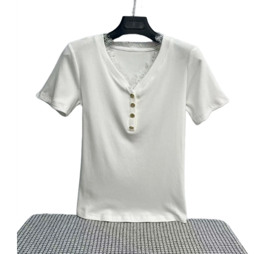 2751  领口蕾丝  纯色  套头  简约  休闲   舒适  T恤