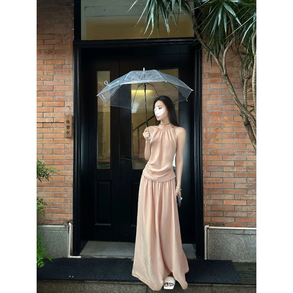 雾粉淡人天菜高领收褶半身裙套装1455