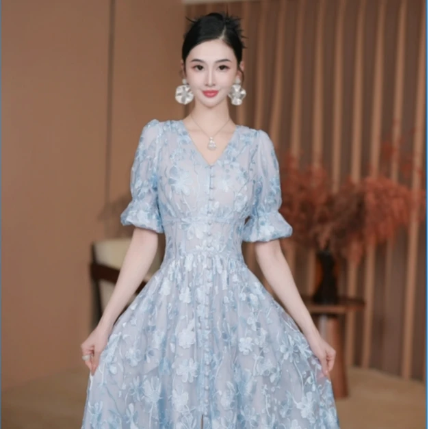东东定制【冰川海洋】25年夏装重工时尚轻奢显瘦百搭连衣裙