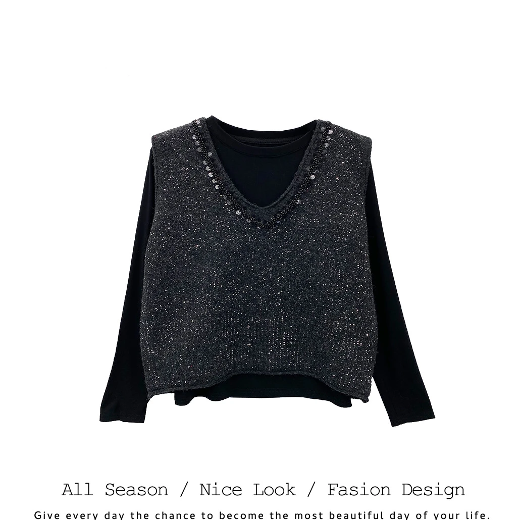 698     时尚亮片满天星马夹内搭黑色长袖两件套装     款号#2577