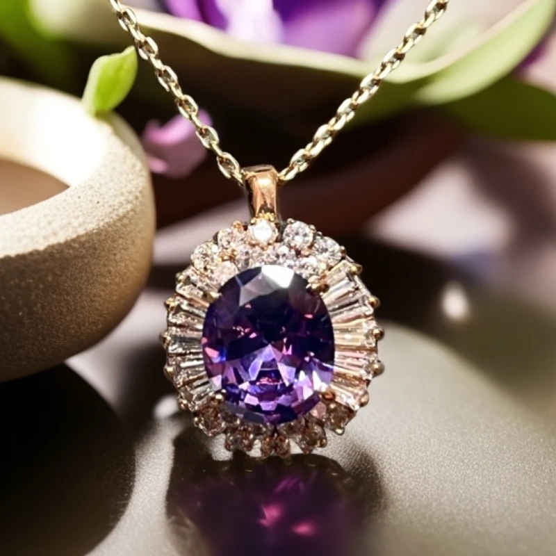 合金合成锆石吊坠 帝王紫太阳花镶钻吊坠