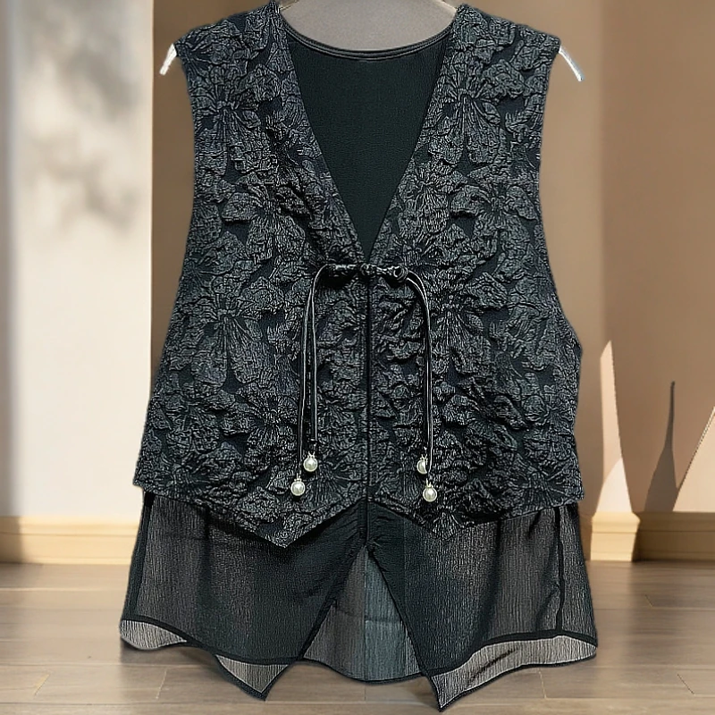 107新中式国风马甲浮雕加内衬网纱边减龄显瘦高级气质