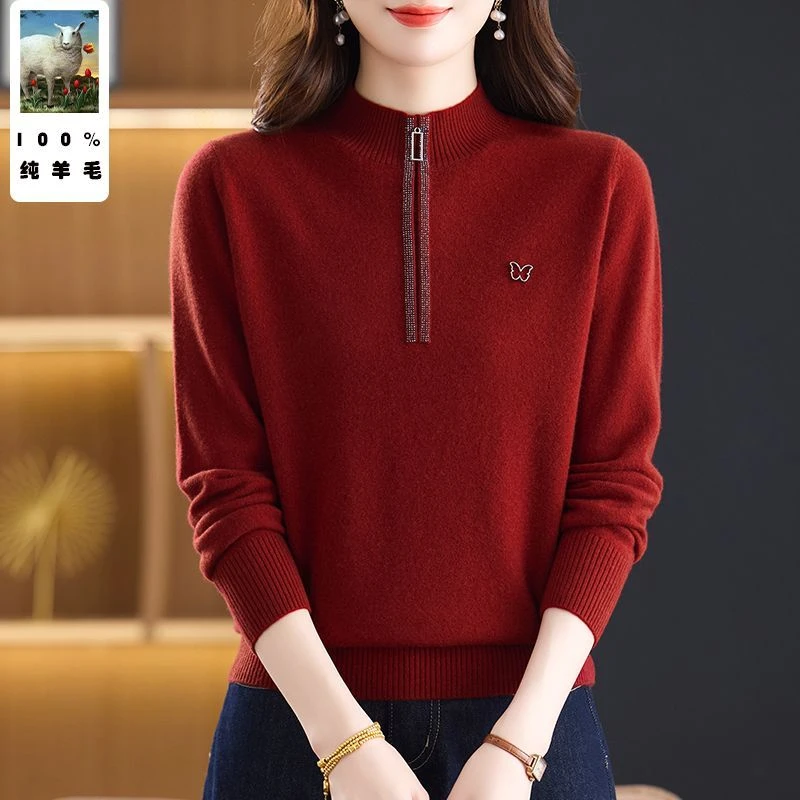 时尚妈妈秋冬100%纯羊毛保暖拉链套头羊毛衫中老年纯色百搭毛衣厚