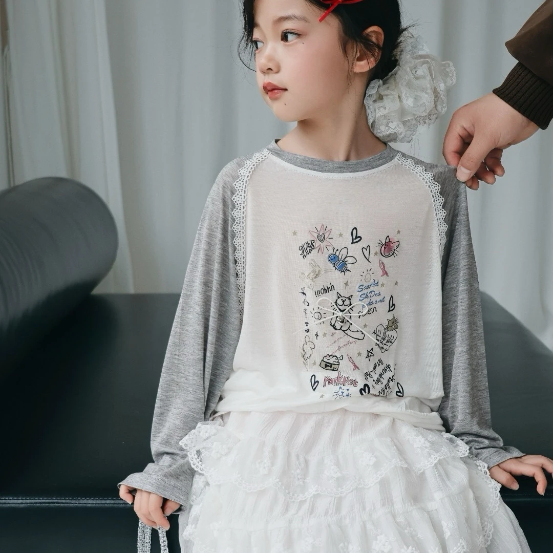 2025新品中大女童韩版卡通涂鸦印花蕾丝花边冰感防晒长袖T恤25198