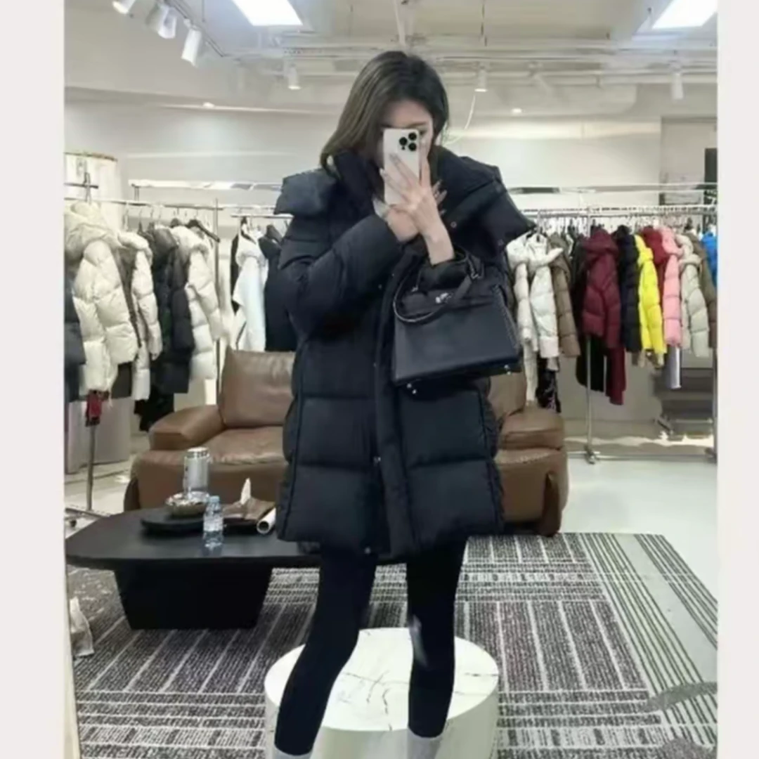 2025年新款泡芙加厚羽绒服时尚保暖休闲连帽冬季中长款白鸭绒外套