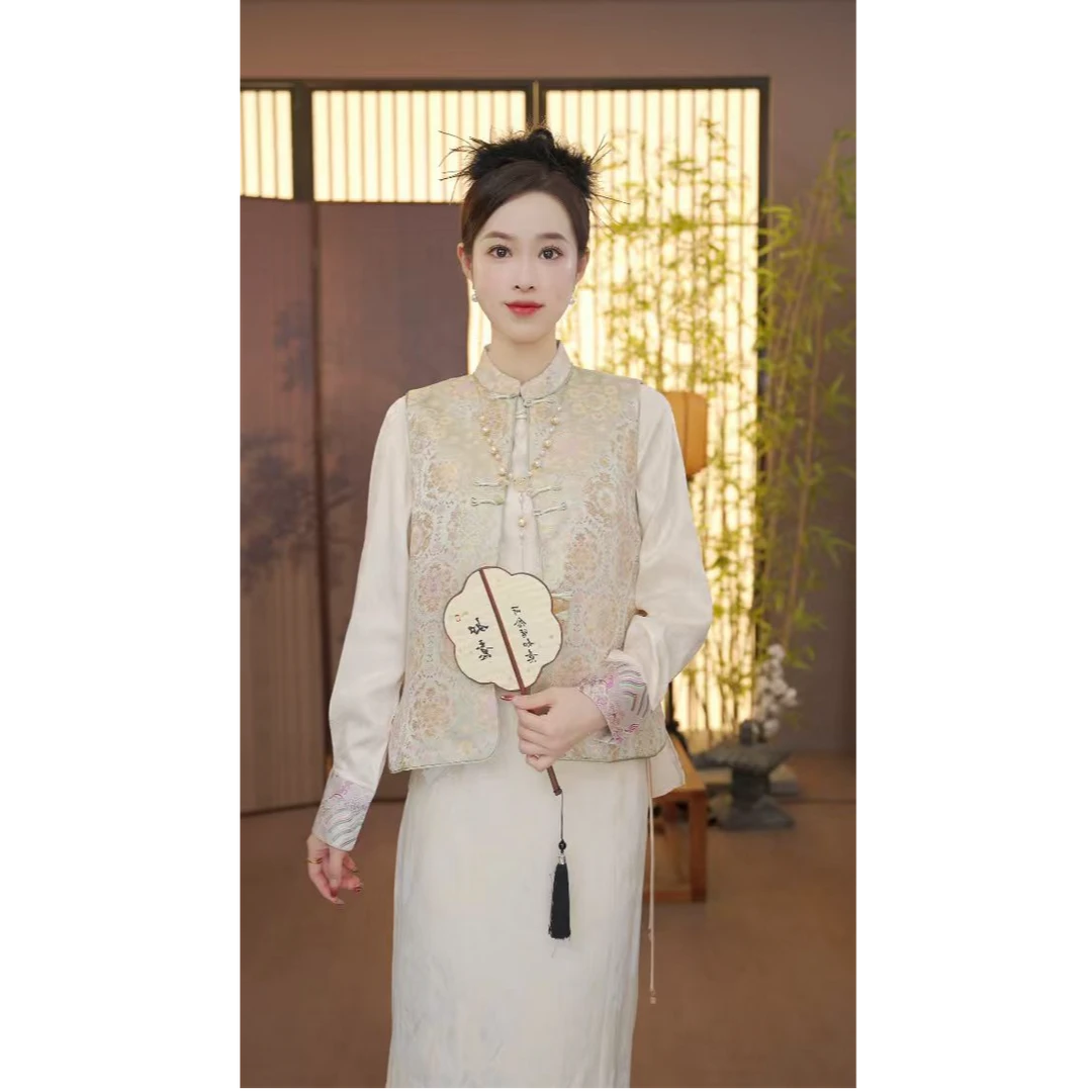 CJ【山茶】秋季新款粉色中国风百搭上衣立领复古锦绣马甲FB2509122