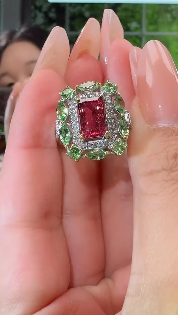 银S925镶嵌戒指碧玺戒指