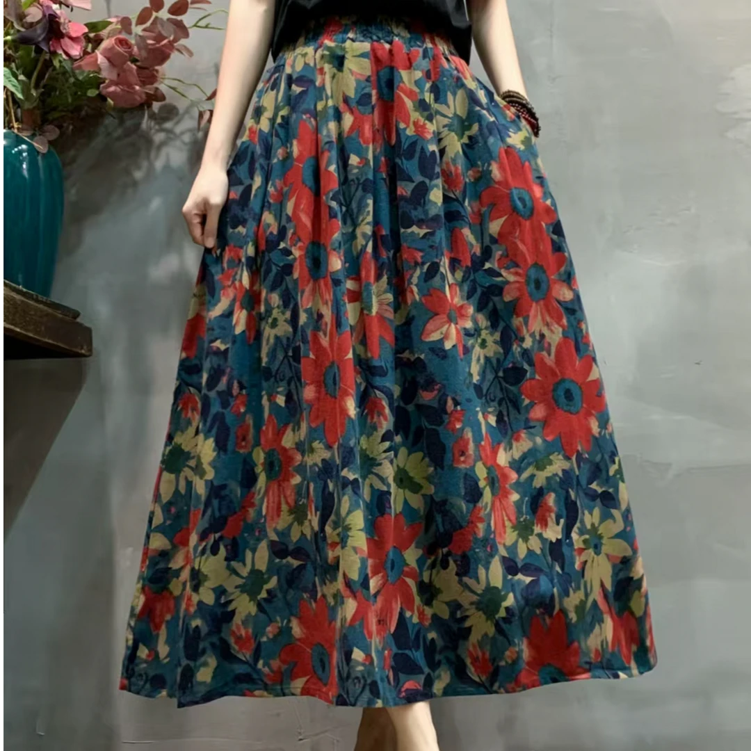 【单单】印染高腰X型半身裙松紧腰碎花裙连衣裙碎花大摆印花复古