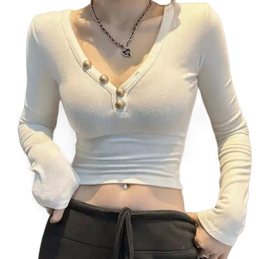 午餐肉韩系复古灰色纽扣v领长袖t恤女秋季纯欲纯欲辣妹打底衫