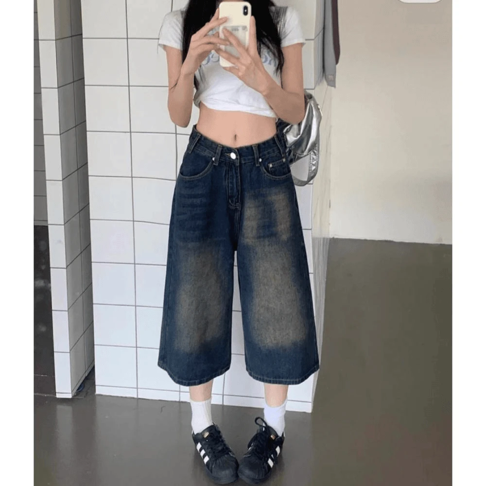 美式复古做旧水洗牛仔裤女2025春季新款设计感阔腿显瘦垂感七分裤
