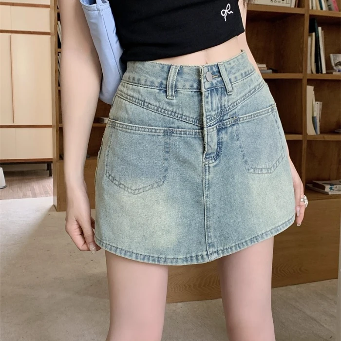 美式牛仔短裙女夏季新款胖mm高腰显瘦遮跨遮肚a字包臀裙KX33116