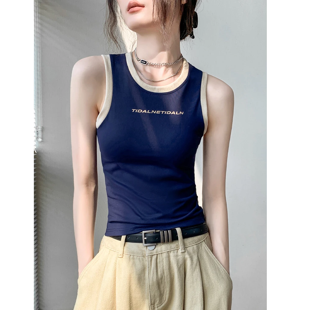 现货美式拼色圆领背心女夏外穿修身别致辣妹印花衬衫内搭无袖上衣