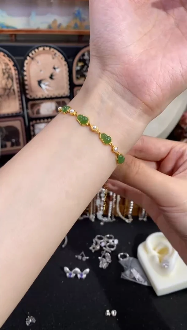 手链银S925镶嵌和田玉（糖玉）葫芦淡水珍珠手链