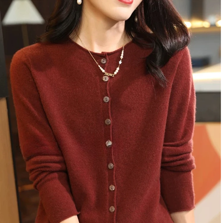 圆领一线15扣羊毛开衫女通勤时尚百搭长袖针织外套显瘦气质针织衫