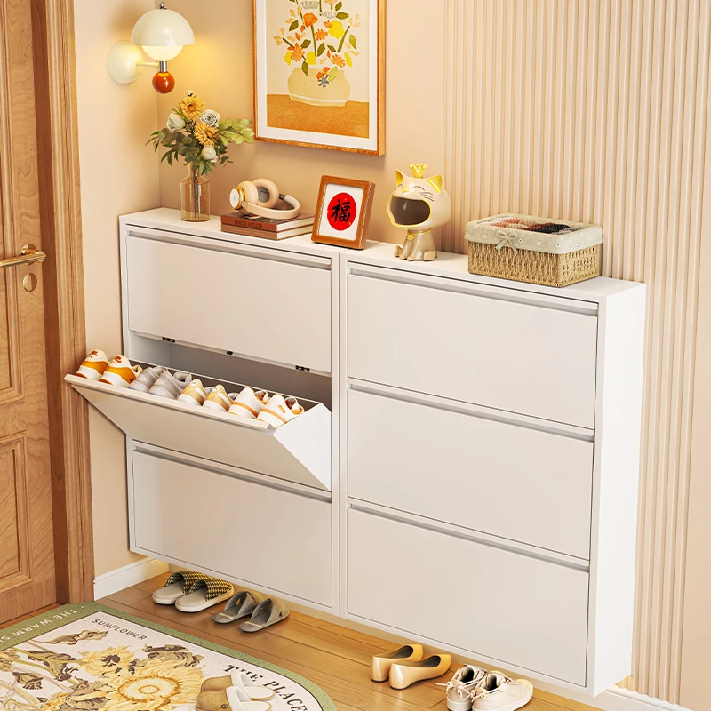 超薄钢制翻斗鞋柜金属柜挂墙悬空家用门口极窄入户玄关柜落地鞋架