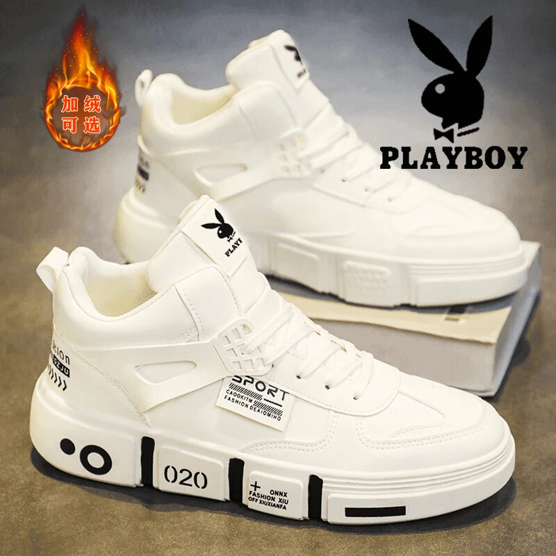 花花公子高帮男鞋冬季新款百搭厚底鞋子男款加绒棉鞋休闲男士板鞋