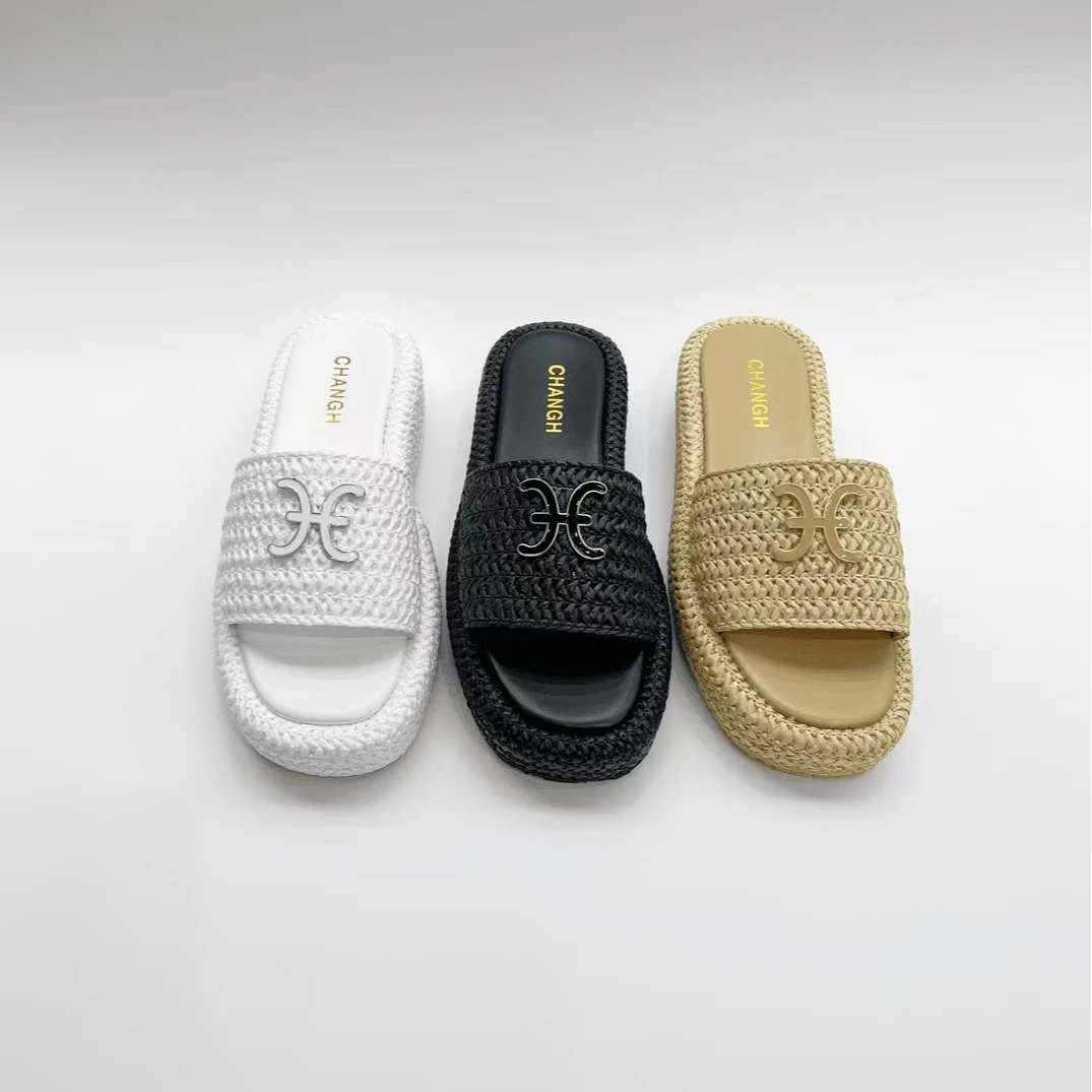 2025新款黑色厚底编织一字拖鞋夏季草编拖鞋