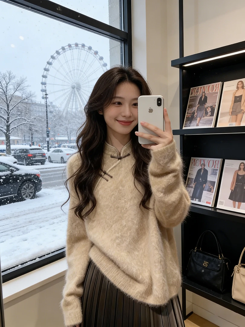 新中式国风简约软糯高级感流行款米黄色上衣女2025冬盘扣毛绒毛衣