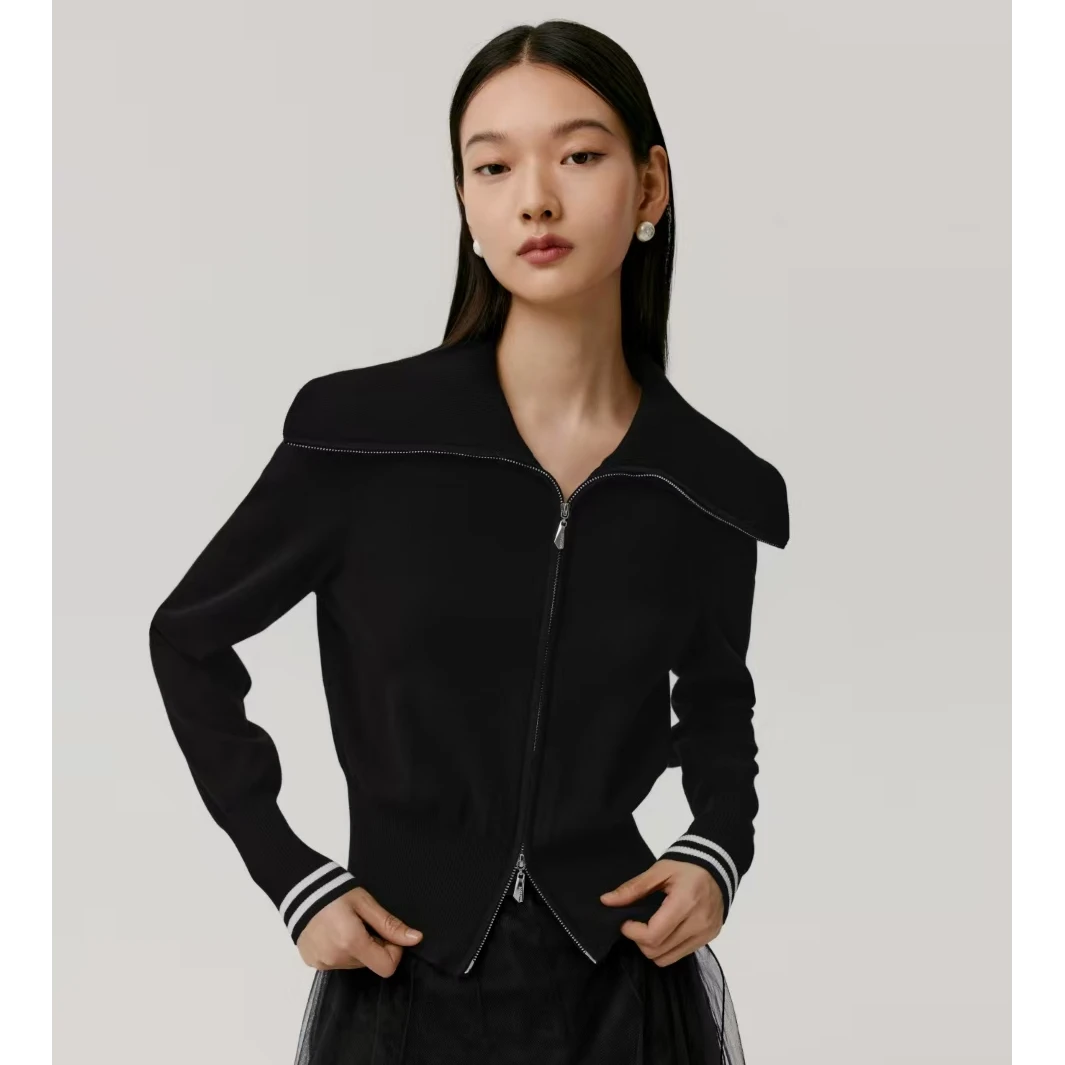 3colour/三彩黑色针织衫小香风长袖短款羊绒简约翻领设计师款内搭