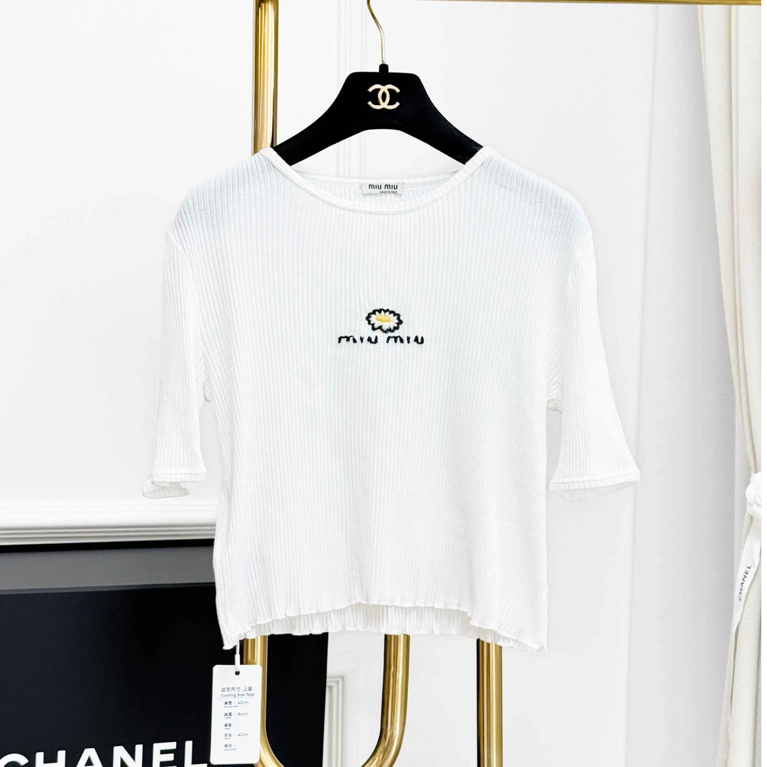99新 MIU MIU/缪缪  S码白色竖条纹小雏菊刺绣短袖T恤