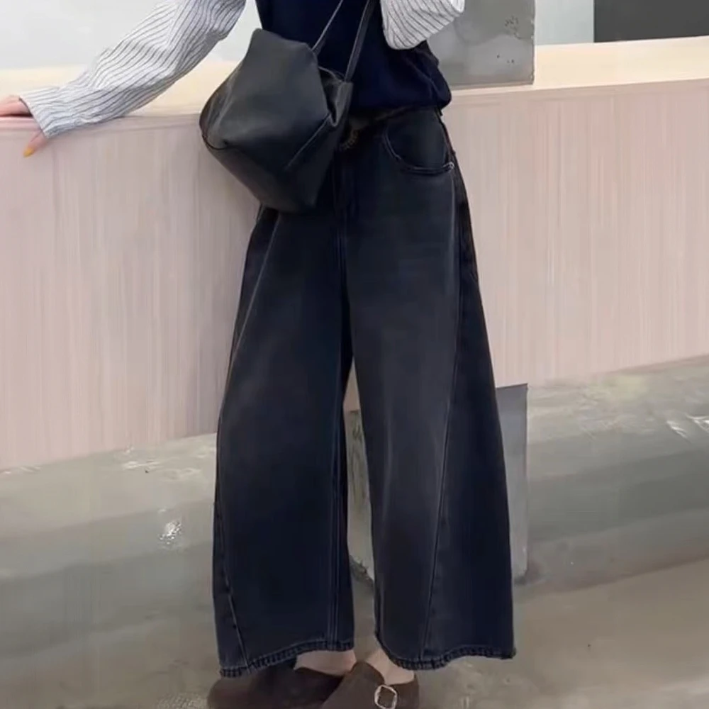 欧货水洗黑色阔腿牛仔裤女秋季新款高腰宽松显瘦百搭九分老爹裤子