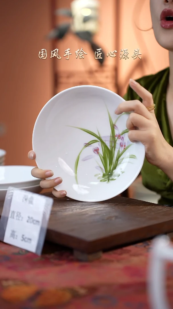 陶瓷景德镇高温釉中彩深盘直径20高5