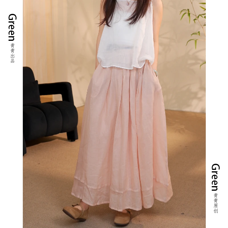 6195春夏季新款复古小众休闲百搭100%苎麻双层下摆褶皱半身裙