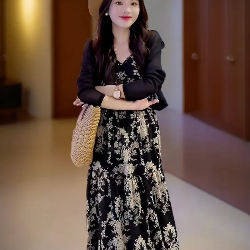 【新款】两件套装碎花显瘦时尚百搭印花连衣裙+外披