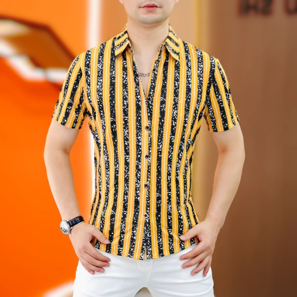 【阿凯严选】高品质夏季新款男士潮流时尚修身个性条纹轻奢短袖衬衫